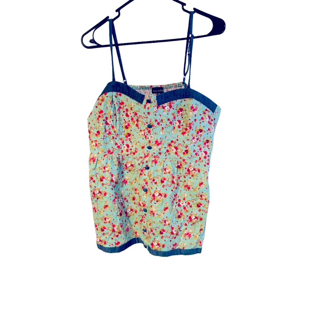 ZENOBIA Blouse Tank Top Floral Denim Accents Cotton Women’s Size XXL